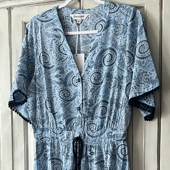 NEW DAVI & DANI Maxi Tiered Drawstring Short Sleeve Dress in Blue Print MED - Picture 2 of 9